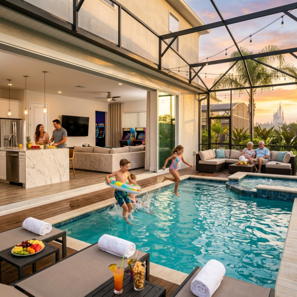 Luxury Orlando vacation rental villa with private pool, outdoor lounge chairs and family relaxing near Disney World.