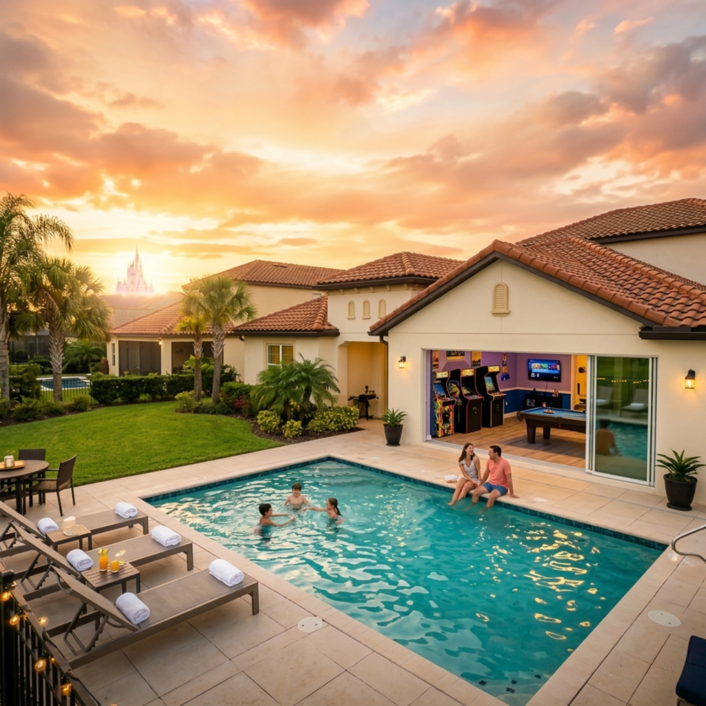 Family enjoying a luxury Orlando vacation rental with screened pool patio and open kitchen near Disney World.